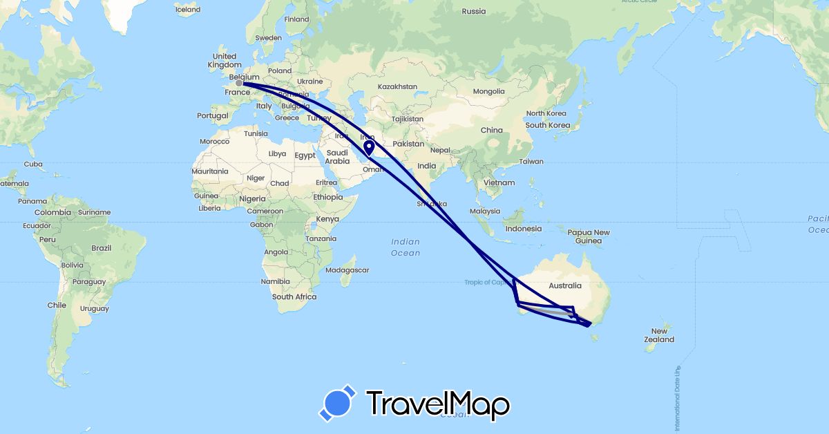TravelMap itinerary: driving, plane in United Arab Emirates, Australia, France (Asia, Europe, Oceania)